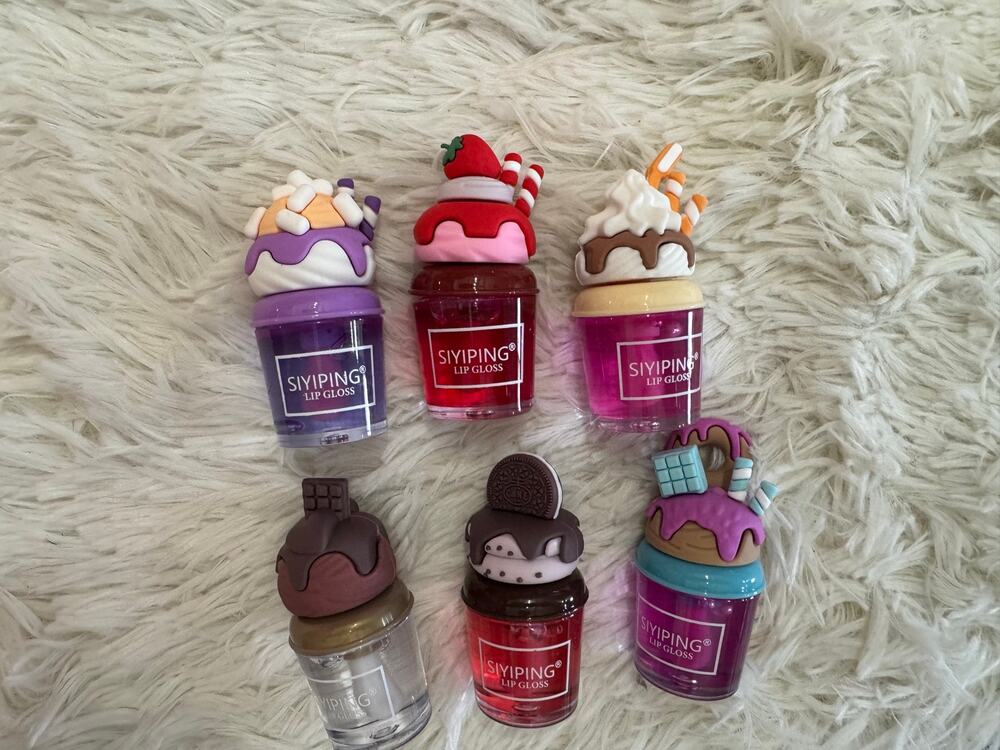 Trendy lip gloss set with ice cream and cake designs set of 6
